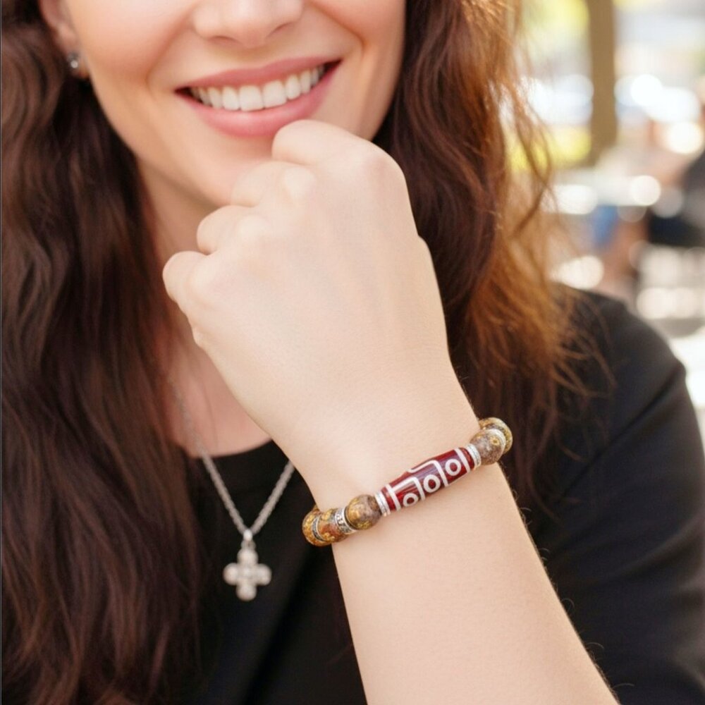 Nine Eye Dzi ✦ Picasso Jasper Stretch Bracelet ✦ 135ctw Adjustable Beaded 30mm